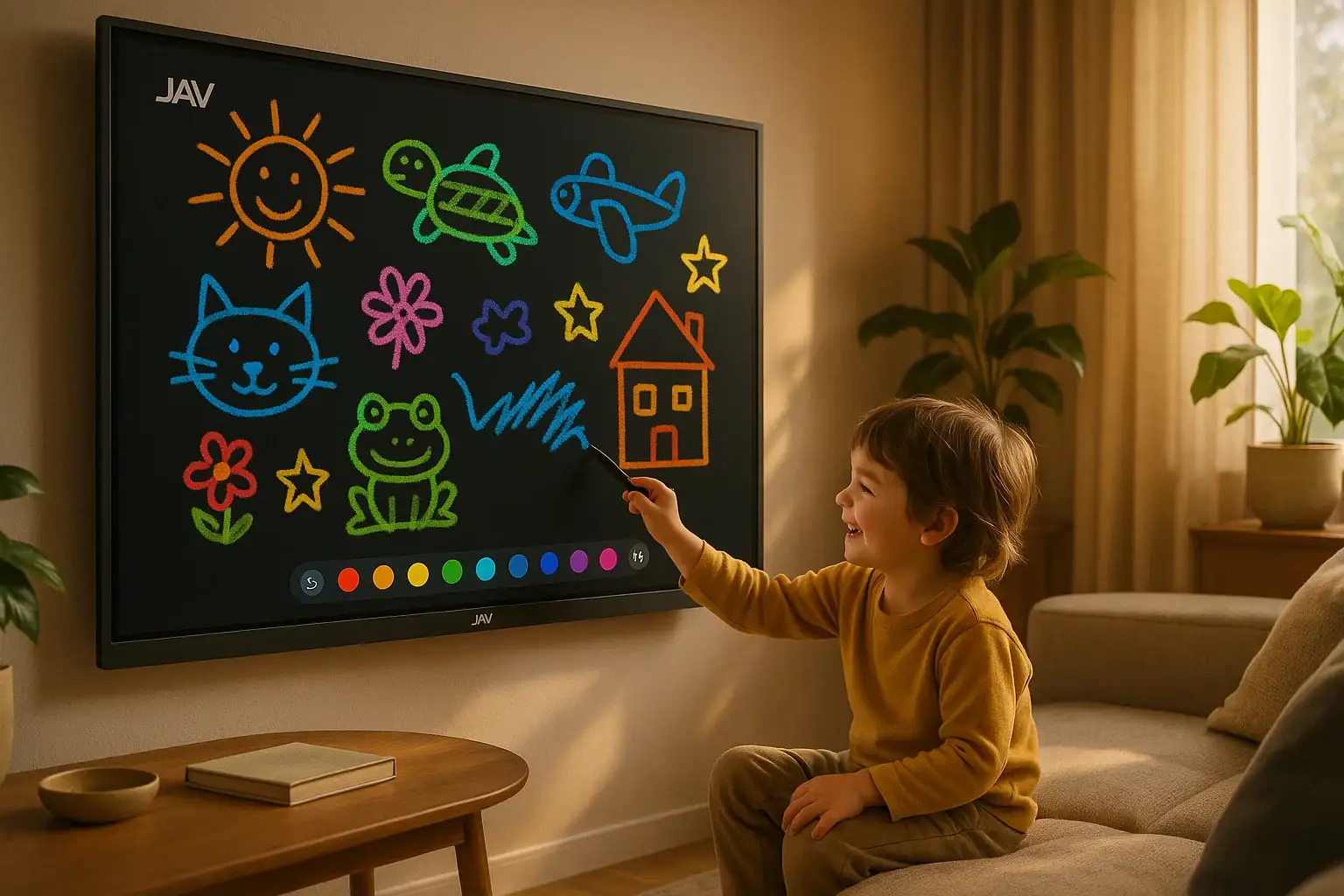 صورة لصبي صغير يرسم بسعادة على السبورة الذكية JAV.