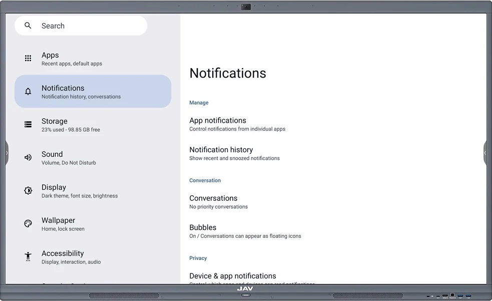 Notifications Settings on the JAV Board 10 Smart Interactive Display