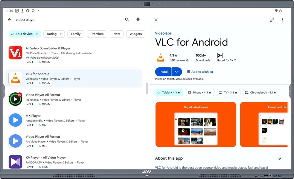 Downloading VLC player from Google Play store on JAV Board 10 Smart Interactive Display