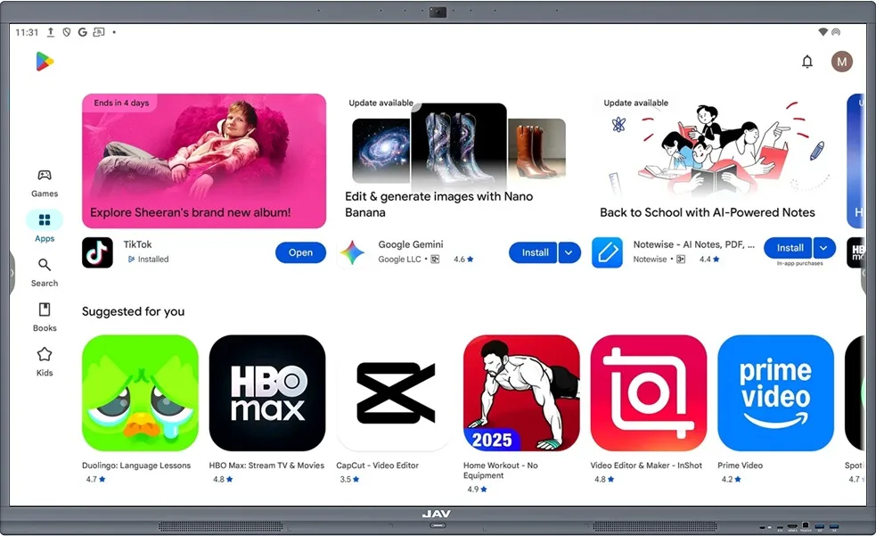 Google Play Store Home Page on JAV Board 10 Smart Whiteboard