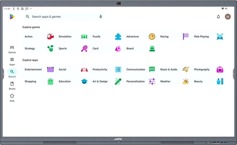 Google Play Store Search Page on JAV Board 10 Smart Interactive Flat Panel Display