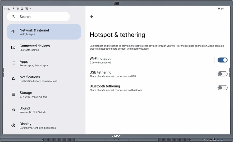 Hotspot and tethering settings on the JAV Board 10 Smart Board