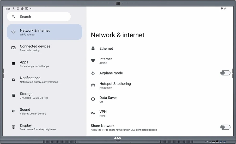 Network and Internet Settings on the JAV Board 10 Smart Whiteboard