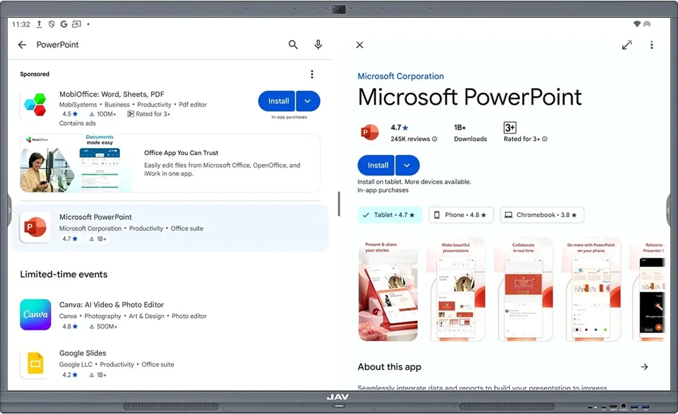 Downloading Microsoft PowerPoint from Google Play Store on JAV Board 10 Smart Whiteboard