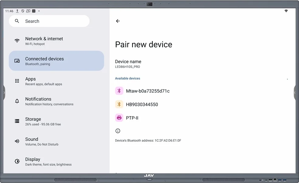 Pair new devices in Bluetooth Settings on JAV Board 10 Smart Board