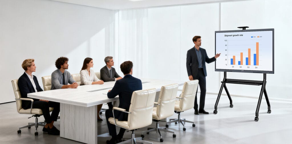 Professionals having a meeting in a conference room while one presenter uses the JAV Board 10 interactive display to deliver a business presentation