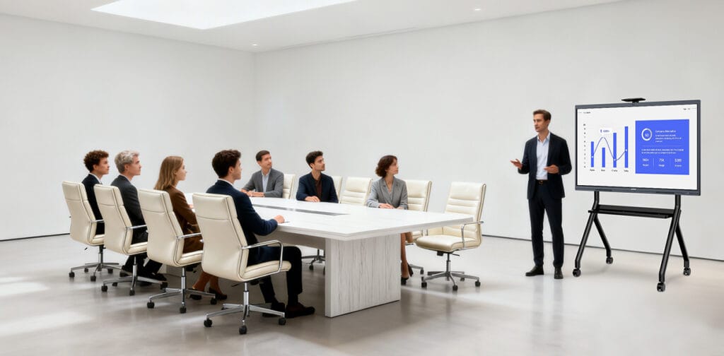 A large business meeting in a conference room, where a presenter uses the JAV Board 10 interactive display to deliver a presentation while other professionals watch attentively from their seats, demonstrating collaborative communication and modern workplace technology.
