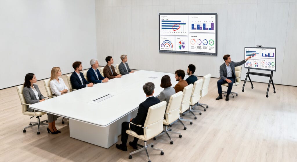 image of a large conference room with 12 people having a meeting with the help of a JAV Board 10 Interactive Flat Panel Display