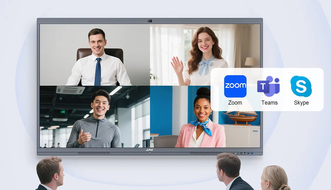 image of a group of professionals having a hybrid meeting with the help of jav smart board 10