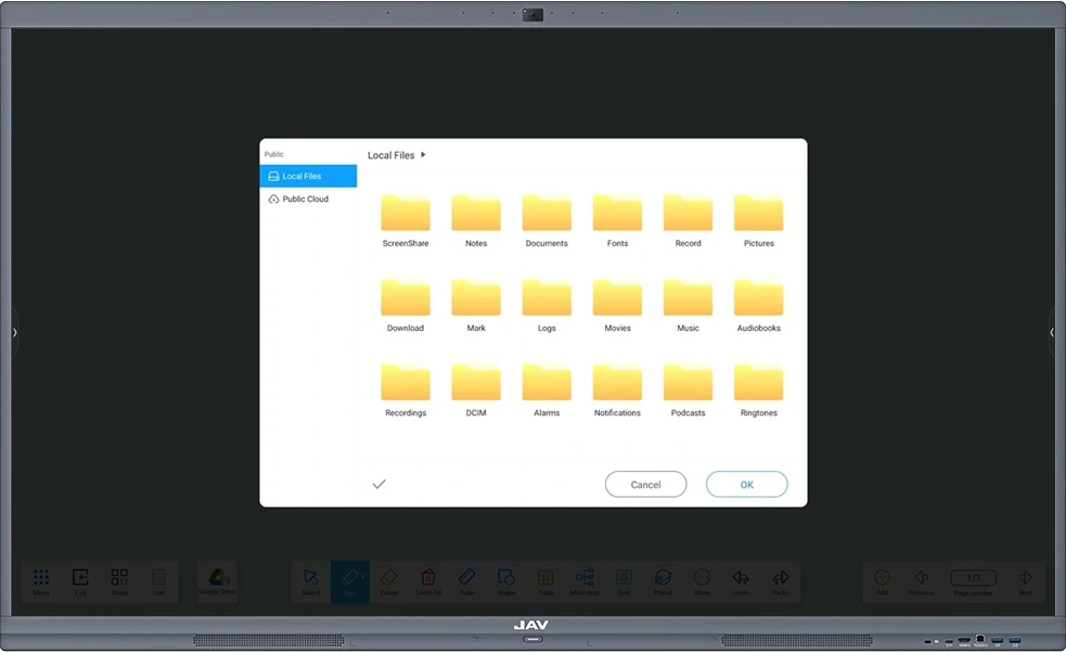 Choosing image from the local storage to import to the whiteboard app on JAV Board 10 Smart Whiteboard