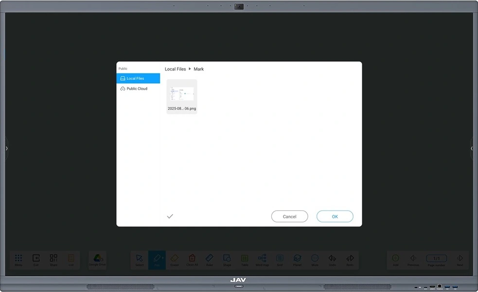Choosing a local image file to import to the whiteboard app on JAV Board 10 Smart Whiteboard