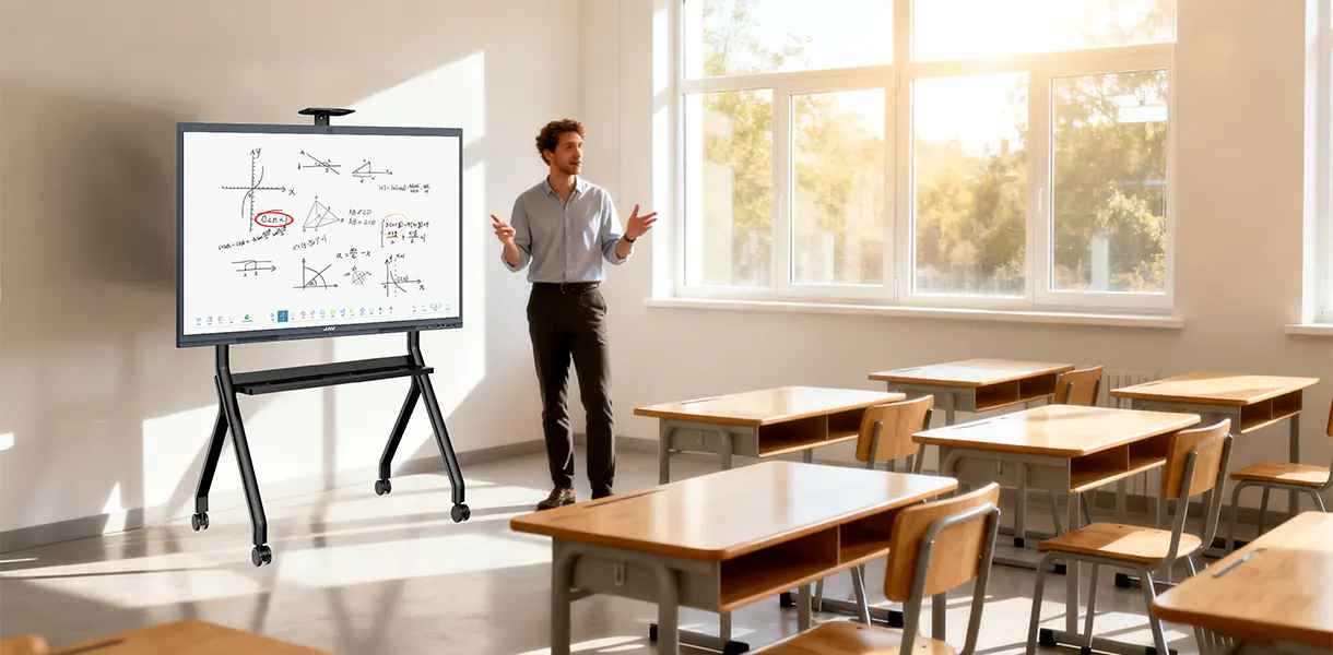 中規模の教室に設置されたローリングスタンドに取り付けられた65インチのJAVスマートボード10