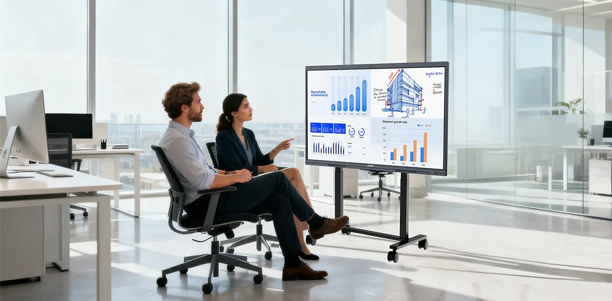 オフィスの会議で使用される電動スタンド付きのjavスマートボード10