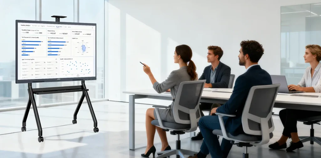 Image of a small meeting with 4 people using the JAV Board 10 Interactive Flat Panel Display for data analysis.
