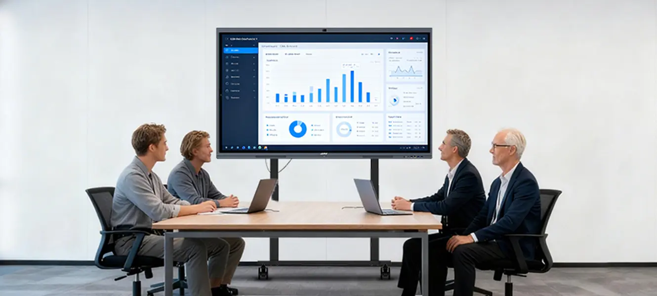 Salle de réunion avec tableau interactif et bon éclairage.