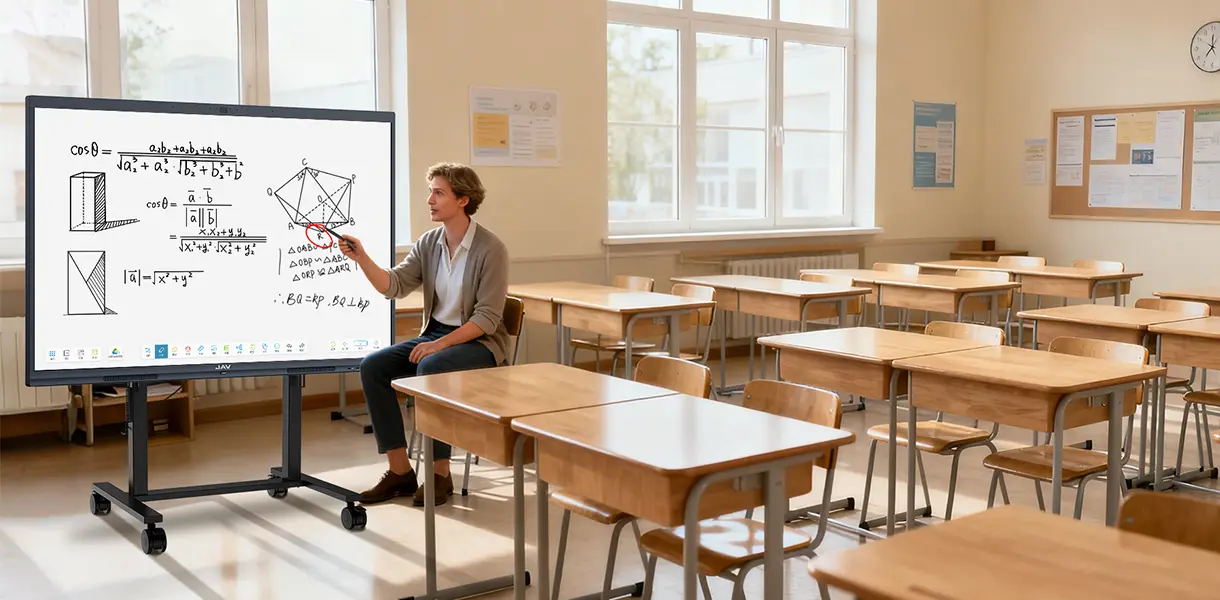 大きな教室で電動スタンドに JAV スマート ボードを置いた教師の画像。.