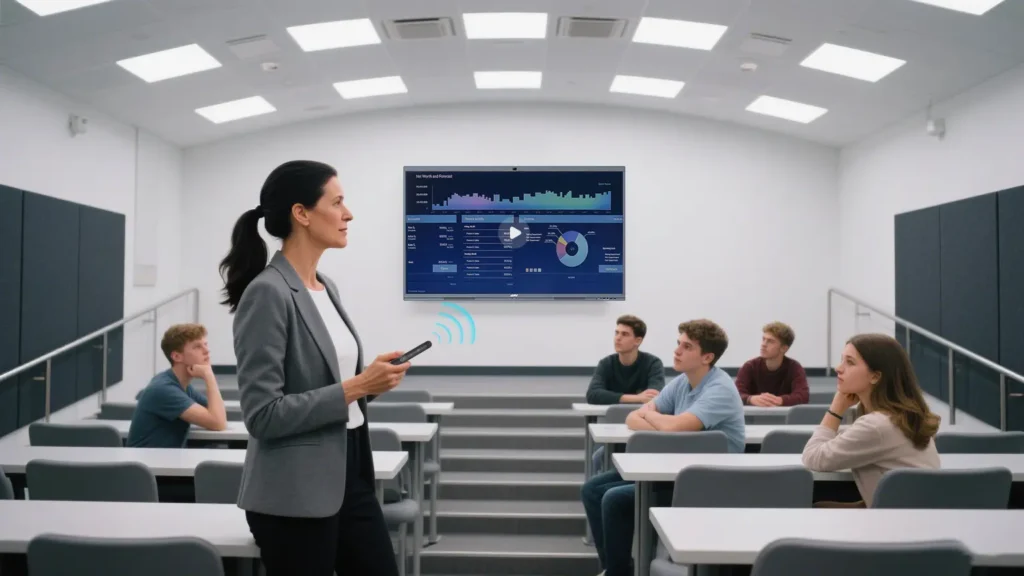 教師がJAVスマートペンを使用してJAVスマートボード10のビデオ再生を制御している画像