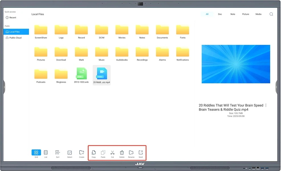 JAV Smart Whiteboard file manager app expand menu functions