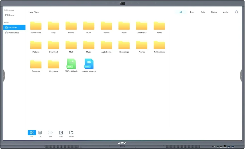 JAV Smart Board Finder app main interface showing files in Grid view