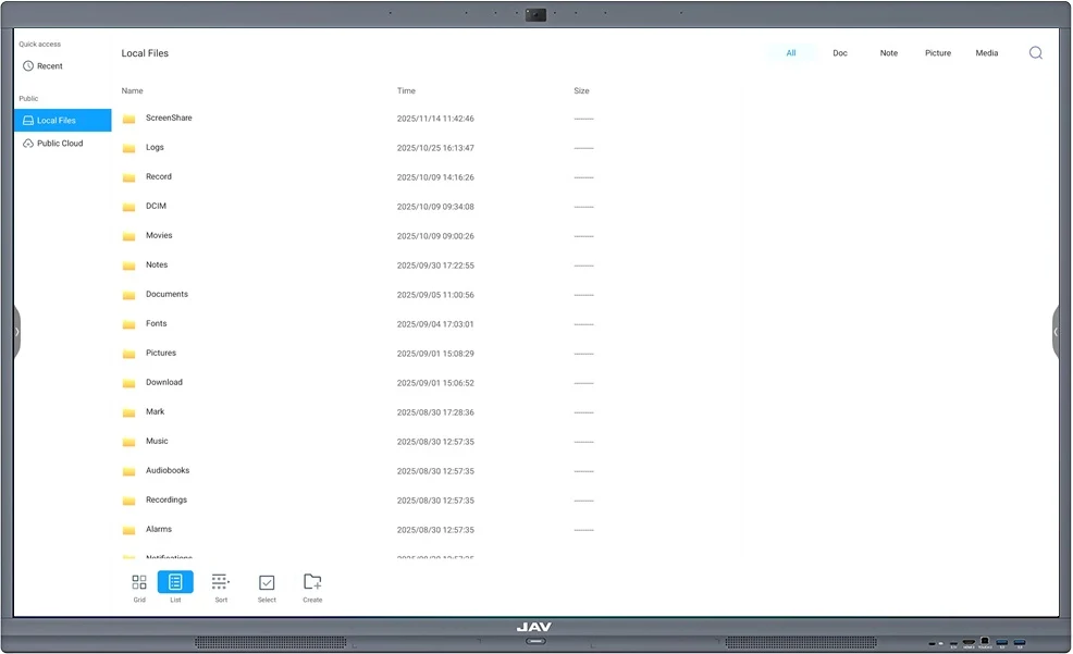 JAV Smart Board Finder App interface showing files in List view.