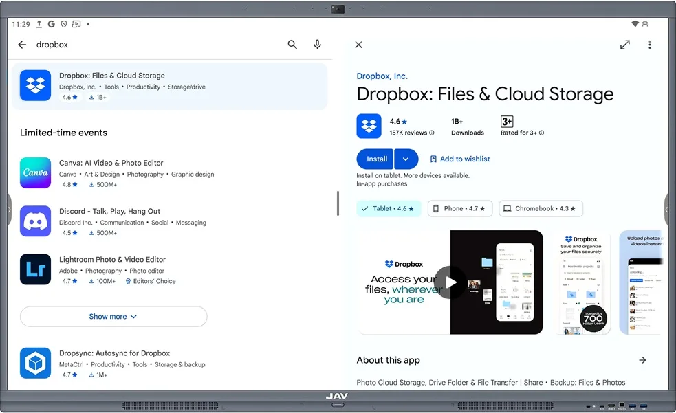 Downloading DropBox from Google Play Store on JAV Board 10 Smart Whiteboard