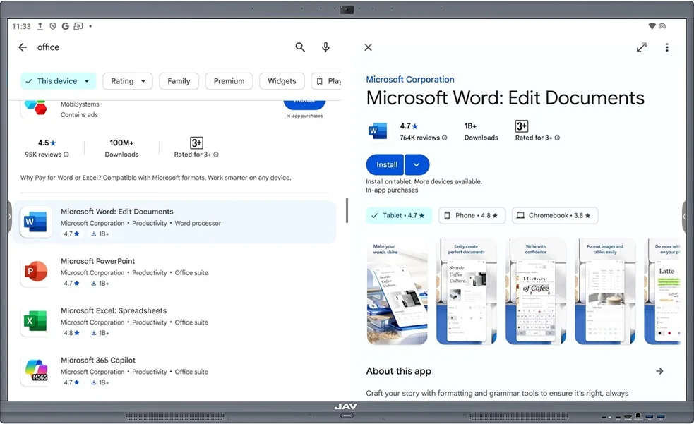 Downloading Microsoft Word from Google Play Store on JAV Board 10 Smart Board