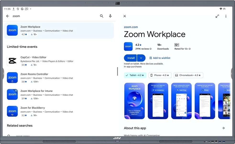 Downloading Zoom Workplace from Google Play store on JAV Board 10 Interactive flat panel display