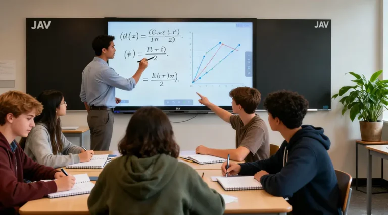A bright, modern classroom where a teacher is teaching a math lesson using a JAV Smart Board. The smart board displays clear mathematical diagrams and equations. Several students of diverse backgrounds are actively engaged—raising hands, discussing, and looking attentively at the teacher and the screen.