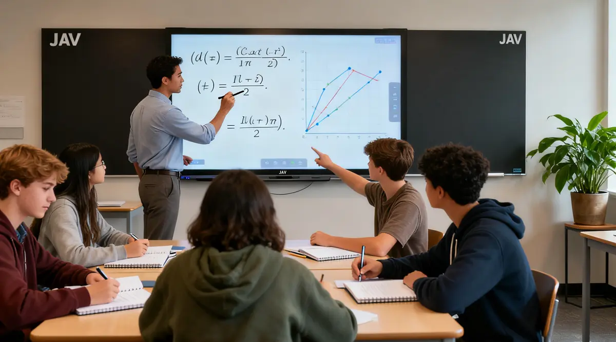Dans une salle de classe moderne et lumineuse, un professeur donne un cours de mathématiques à l'aide d'un tableau blanc interactif JAV. Ce tableau affiche des schémas et des équations mathématiques clairs. Plusieurs élèves d'horizons divers participent activement : ils lèvent la main, discutent et regardent attentivement le professeur et l'écran.