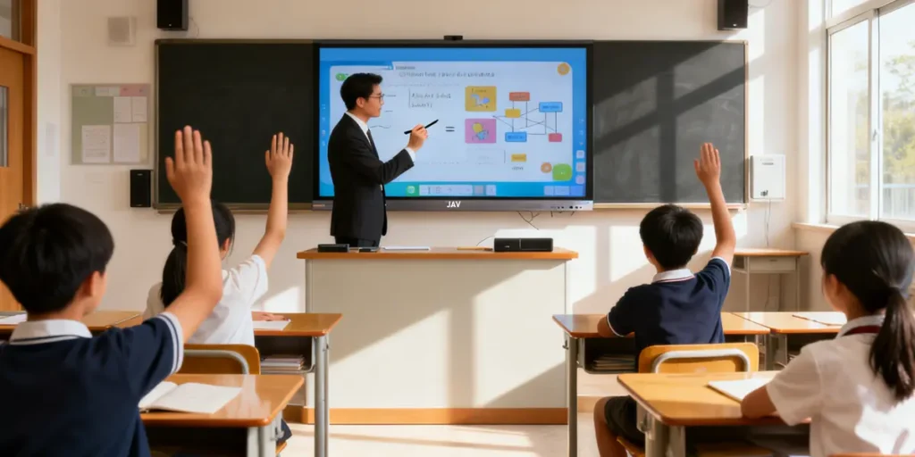 教師が教室の前にあるスマートボードに質問し、生徒が手を挙げて質問に答えている画像