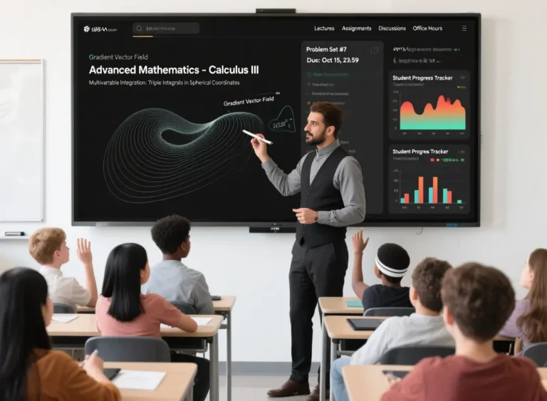 teacher having a class with the help of a smart board for classroom