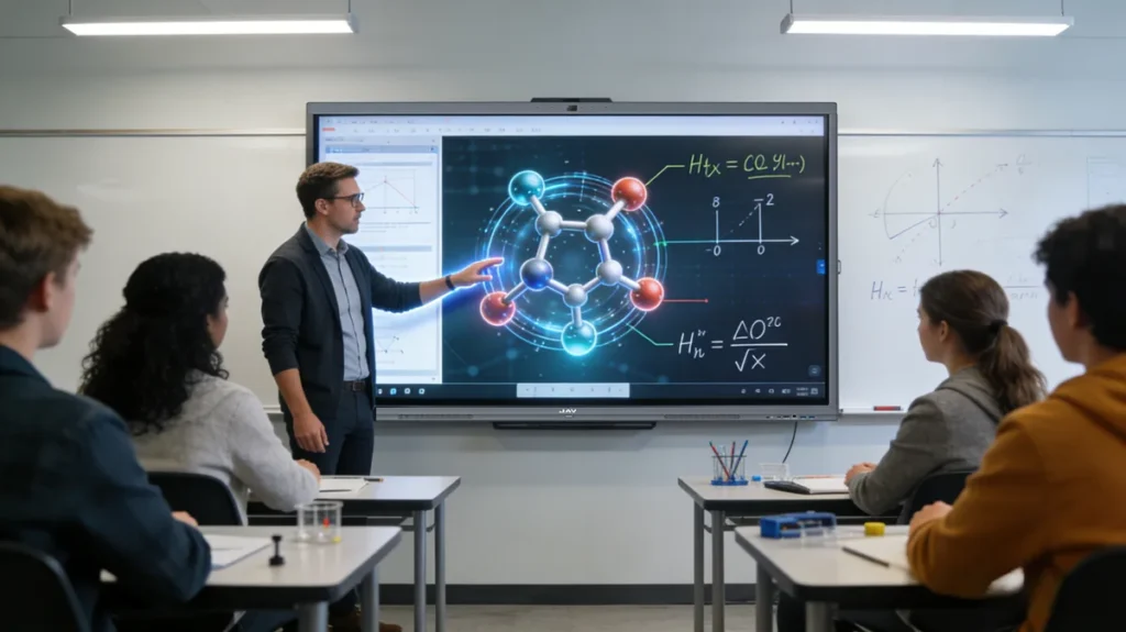 Teacher using JAV Board 10 Smart Board for Stem Class
