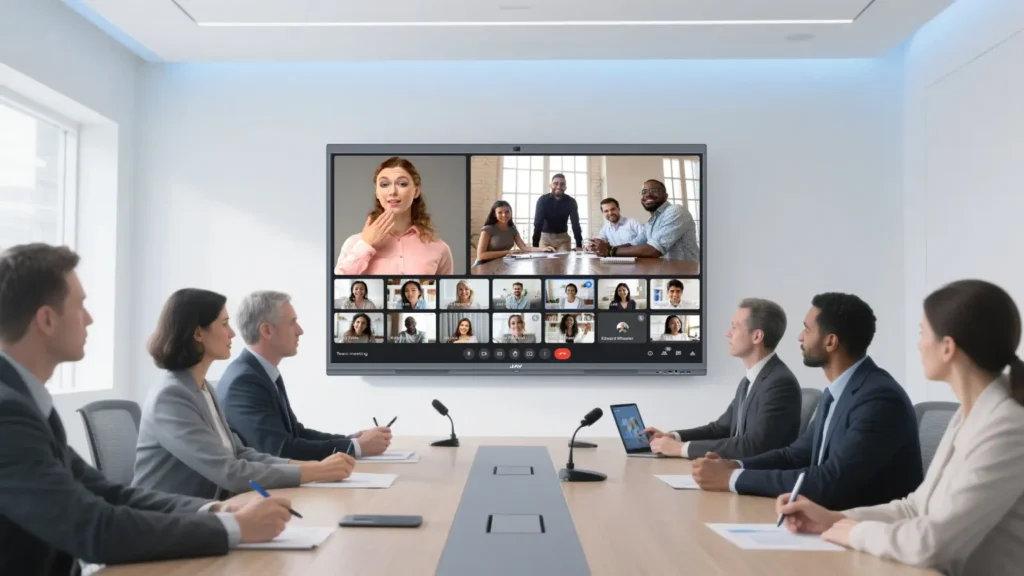 hybrid collaboration enabled by JAV Board 10 Smart interactive flat panel display