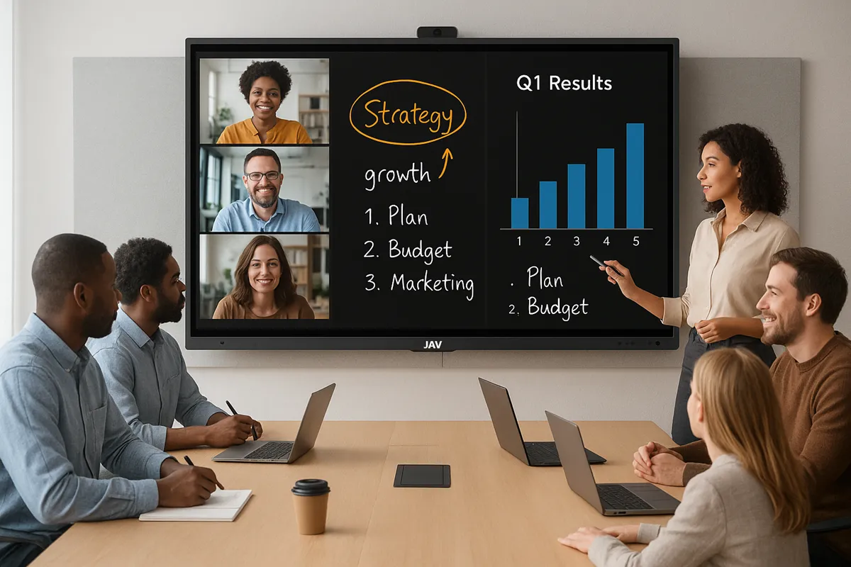 Un groupe de professionnels participant à une réunion hybride utilisant un tableau blanc interactif JAV.