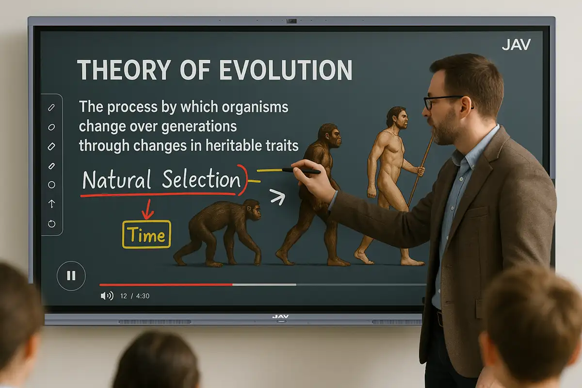 Image of a teacher annotating on a video on JAV Board 10 smart board