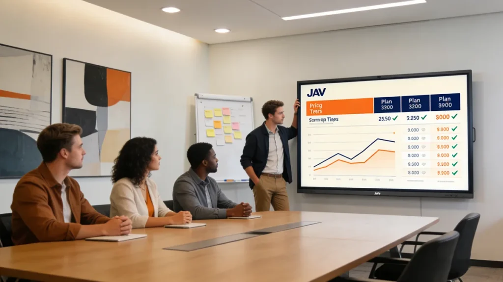 Ein Vertriebsmitarbeiter präsentiert Kunden Preisdetails und steht kurz davor, mit Hilfe eines JAV Smartboards einen Vertrag mit ihnen abzuschließen.