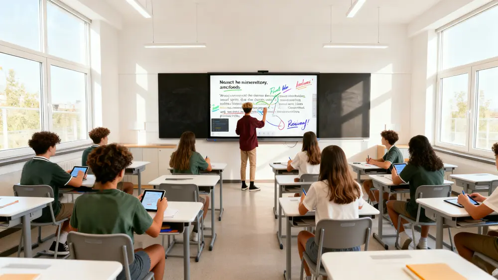 Image that shows a group of students actively engaged in a class with the help of JAV smart board for classroom