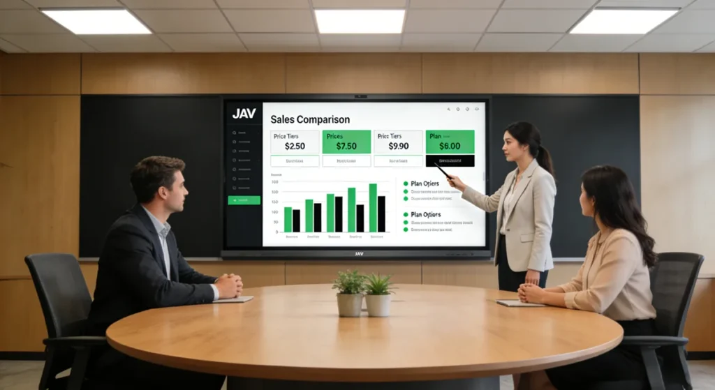 Ein Verkäufer stellt seine Dienstleistungen mithilfe eines JAV-Smartboards vor und steht kurz vor dem Vertragsabschluss.