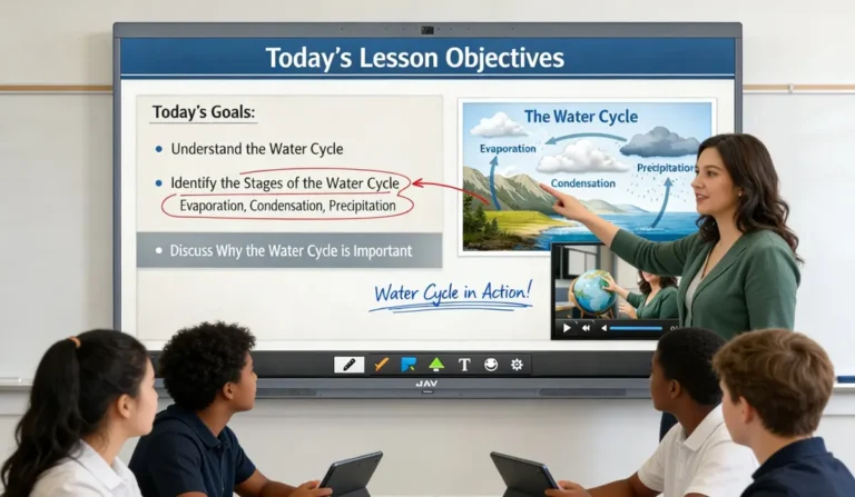 Lehrer benutzt das intelligente Whiteboard JAV Board 10 im Geologieunterricht