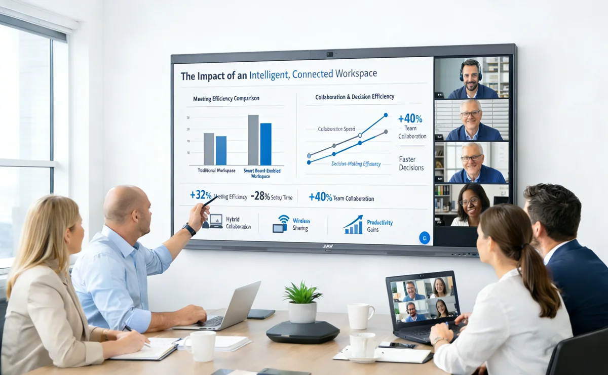 image of a team having a meeting in front of a jav board 10 interactive flat panel display