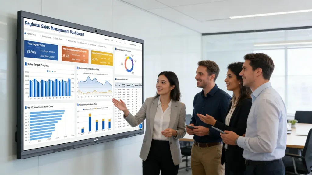 Teams brainstormen zu einem interaktiven Flachbildschirm namens JAV Board 10.