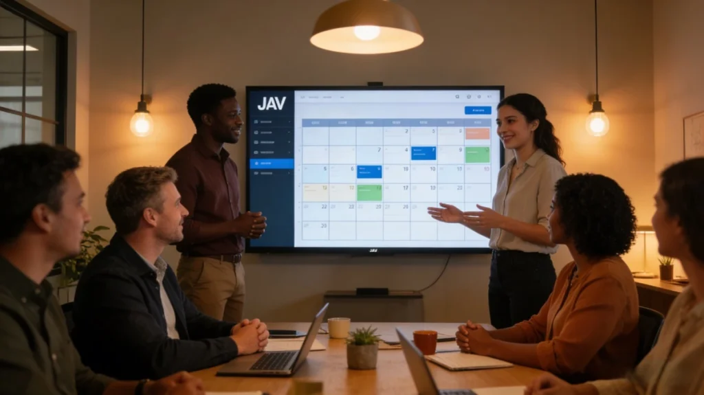 A group of professionals having a meeting in an office with warm lighting and a JAV smart board