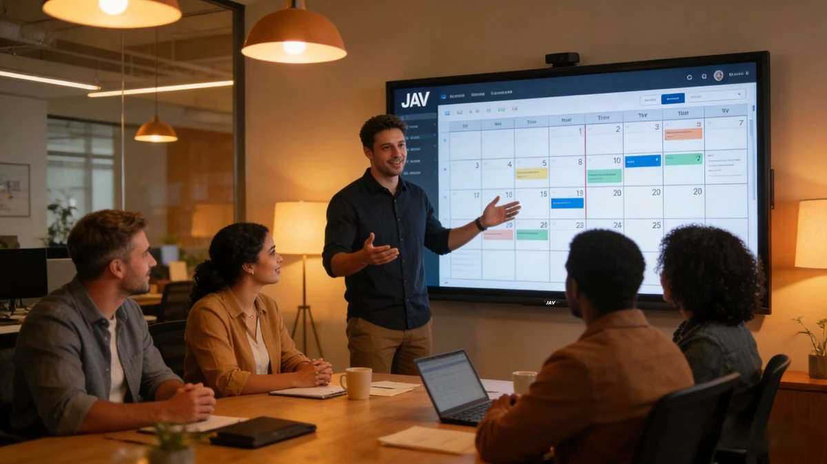 A team of professionals having a meeting with the help of a JAV smart board