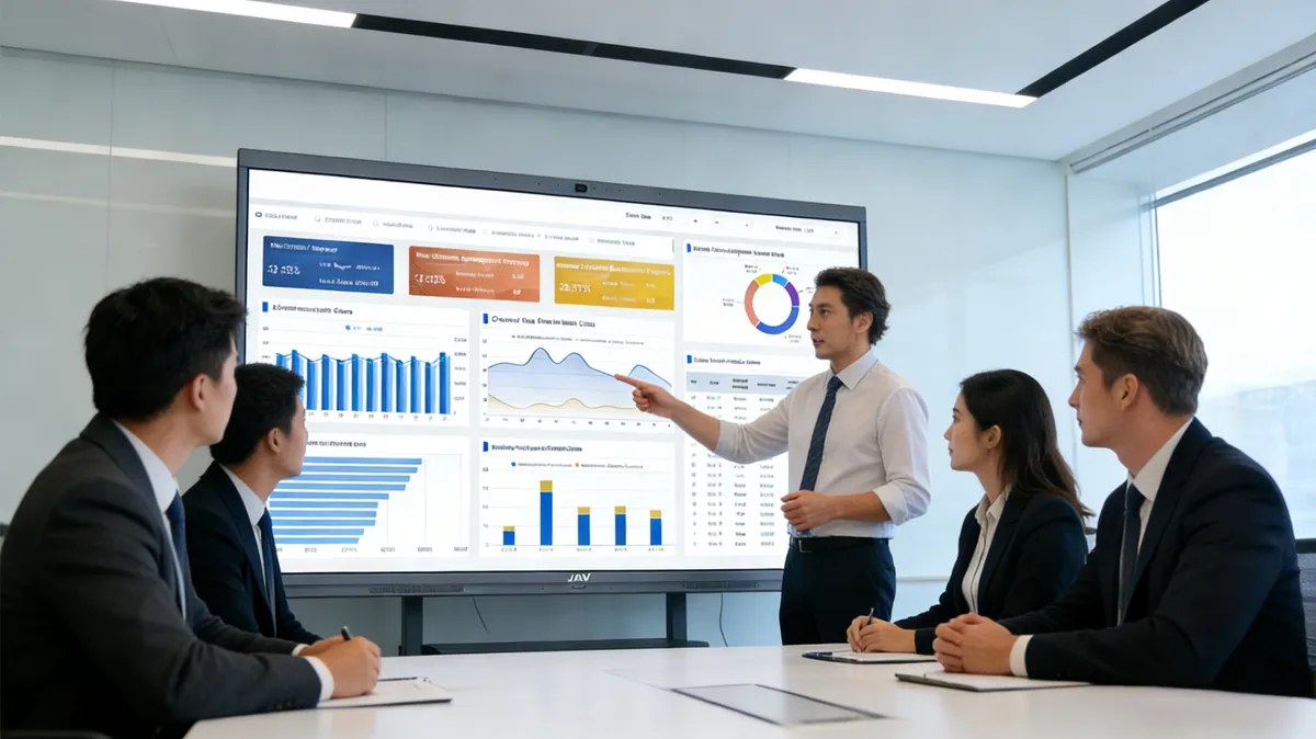 JAV Board 10インタラクティブフラットパネルディスプレイを囲んで会議を行っている専門家グループ