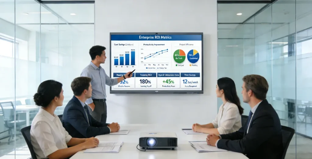 A team having a meeting in an intelligent and connected workspace using the JAV Board 10 Smart Board, one of the best smart boards for business