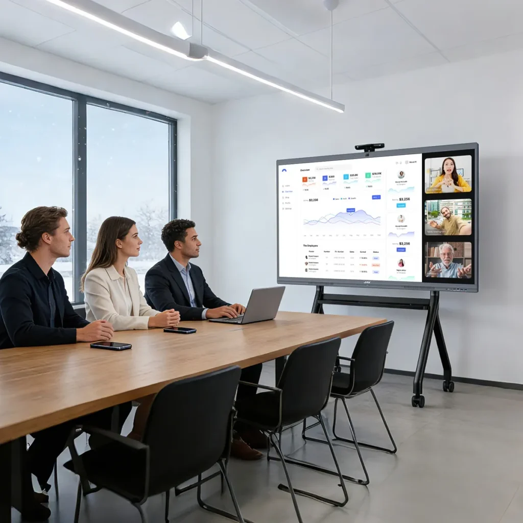 A group of professionals having a hybrid meeting using the JAV Board 10 Smart Interactive Flat Panel Display