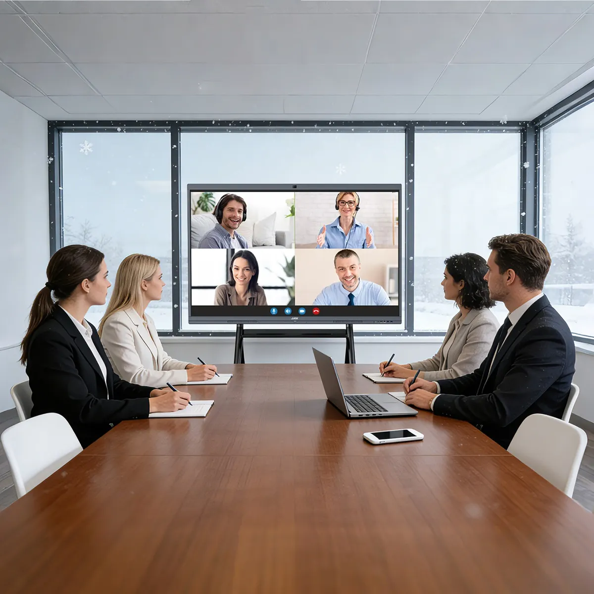 A group of professionals having a hybrid meeting using the JAV Board 10 smart board