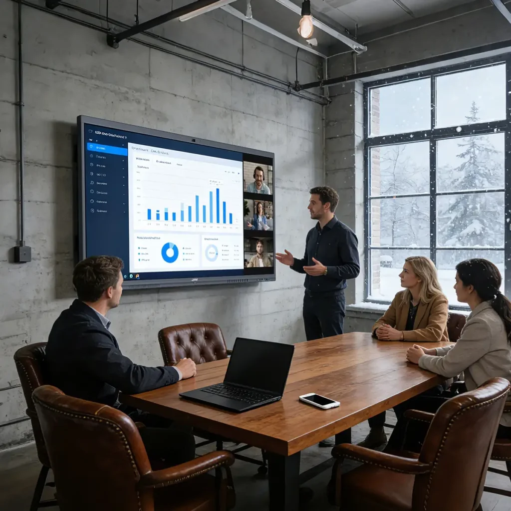 A group of professionals having a hybrid meeting using the JAV Board 10 Smart Interactive Whiteboard