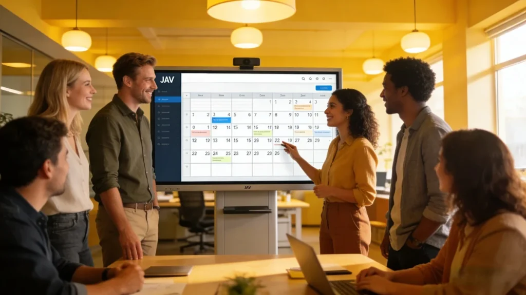 A team of professionals having a meeting with the help of a JAV smart board.