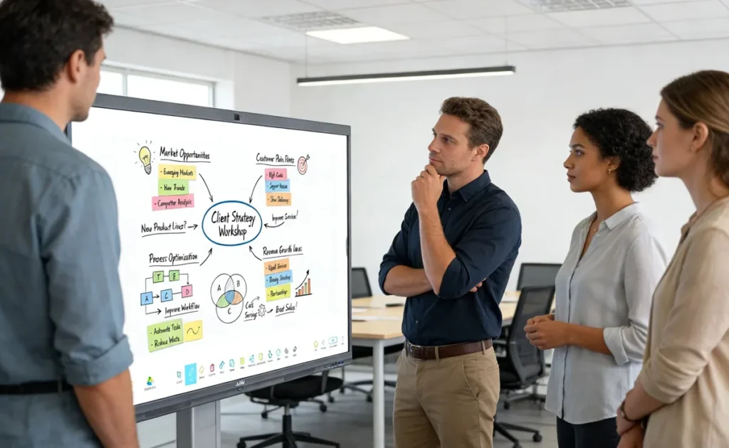 image of a consulting team brainstorming using the jav board 10 interactive display